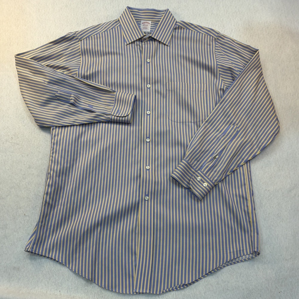 Brooks Brothers Mens 15.5 2/3 Traditional Fit Blue Yellow Striped Non-Iron Shirt